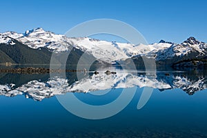 Scenic view of garibaldi lake shore in provinvial park