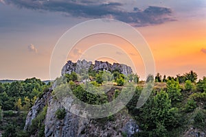 Scenic view of the Geologists Rock formations in Kielce, Poland during sunset