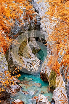 Scenic view of Great Canyon of Soca river near Bovec, Slovenia at autumn day