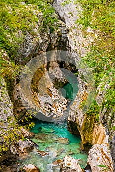 Scenic view of Great Canyon of Soca river near Bovec, Slovenia at summer day