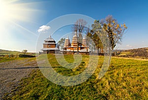 Scenic view of Greek Catholic wooden church of St. Dmytro, UNESCO, Matkiv, Ukraine