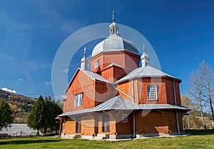 Scenic view of Greek Catholic wooden church of the St. Nicholas, Urych, Lviv region, Ukraine