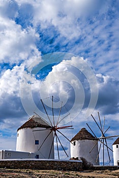 Scenic view Greek of windmills on Mykonos, Greece