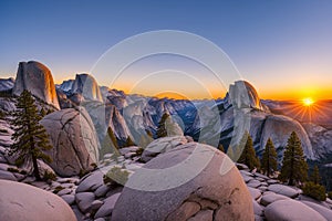 a scenic view of Half Dome granite rock formation at the national park.