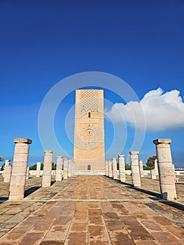 Scenic view of Hassan Tower or Tour Hassan , the minaret of an incomplete mosque in Rabat, Morocco