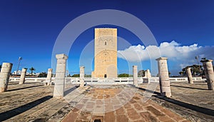 Scenic view of Hassan Tower or Tour Hassan , the minaret of an incomplete mosque in Rabat, Morocco