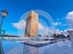 Scenic view of Hassan Tower or Tour Hassan , the minaret of an incomplete mosque in Rabat, Morocco