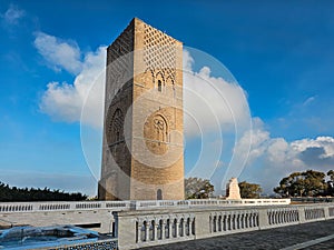 Scenic view of Hassan Tower or Tour Hassan , the minaret of an incomplete mosque in Rabat, Morocco