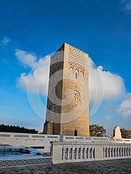 Scenic view of Hassan Tower or Tour Hassan , the minaret of an incomplete mosque in Rabat, Morocco