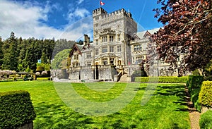 Scenic view of the Hatley Castle in Colwood, Canada, in blue sky background on a sunny day