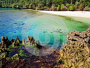 Scenic view of hidden lagoon with white beach Segara Anakan