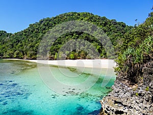 Scenic view of hidden lagoon with white beach Segara Anakan