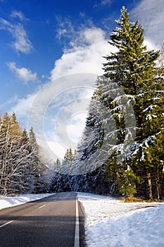 Scenic view of a highway in the Bavarian Alps with pine forest in winter