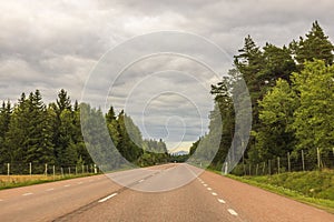 Scenic view of highway running alongside forest with trees flanking both sides and set against backdrop of cloudy sky.