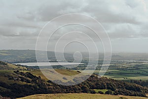 Scenic view of hills and nature reserve from Mendip Hills, UK