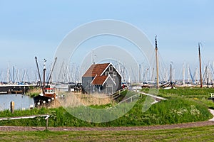 Scenic view of the historic buildings of the open-air museum against the backdrop of many ship masts