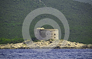 Scenic view of historic island of Mamula. Boka Kotorska bay of Adriatic sea, Montenegro.