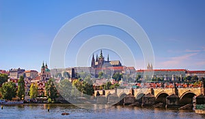 Scenic view on historical center of Prague over Vltava river with buildings and landmarks of old town, Prague, Czech Republic.