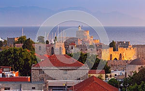 Scenic view of the historical part of Rhodes at dawn.