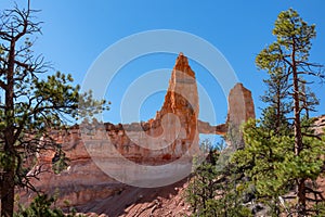 Scenic view of Hoodoo rock formation called Tower Bridge from Fairyland Trail in Bryce Canyon National Park, Utah, USA,