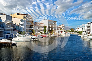 Scenic view of the houses and hotels on the shores of canal in Empuriabrava