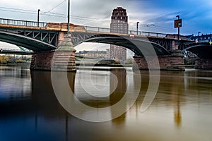 Scenic view of Ignatz Bubis bridge spanning the river. Frankfurt, Germany photo