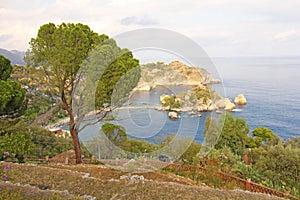 Scenic View of Isola Bella Peninsula in Taormina Town. The island of Sicily, Italy. View of the Sea