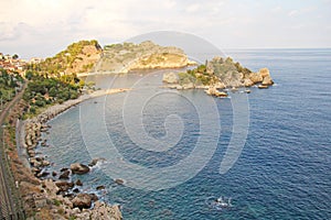 Scenic View of Isola Bella Peninsula in Taormina Town. The island of Sicily, Italy. View of the Sea