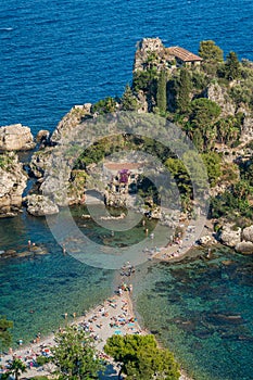 Scenic view of the Isola Bella in Taormina, province of Messina, southern Italy.