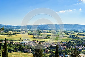 Scenic view of the Italian countryside from a viewpoint in the town of Spello, Umbria