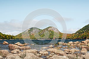 Scenic view of the Jordan Pond in Acadia National Park near the town of Bar Harbor, Maine