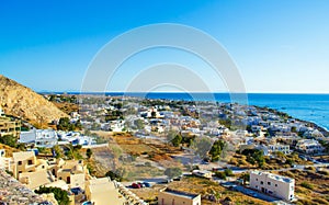 Scenic view of Kamari resort village and Aegean Sea Greece