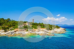 Scenic view of Kefalonia island coast and lighthouse Ionian Sea Greece