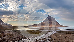 Scenic view of the Kirkjufell mountain at Grundarfjordur on the Snaefellsnes peninsula, Iceland