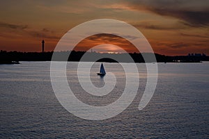 Scenic view of lake against sky at sunset, Nacka, Stockholm,Sweden