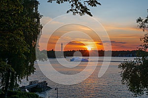 Scenic view of lake against sky at sunset, Nacka, Stockholm,Sweden