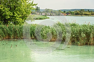 Scenic view of Lake Balaton in Hungary, summer landscape, outdoor travel background