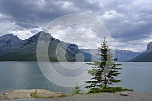 Scenic view of Lake Minnewanka, banff national park, in the Canada Rockies