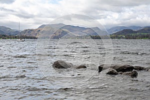 Scenic view of lake and mountain on Ullswater in Lake District of England, UK