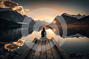 Scenic View of a Lake, Mountains, and Sunset Woman Seated on Dock. AI