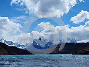 Scenic view of lake Pehoe against Los Cuernos mountains in Torres del Paine national park, Chile