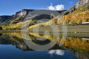 Scenic view of the lake reflection along the Million Dollar Highway, Colorado in vibrant fall color