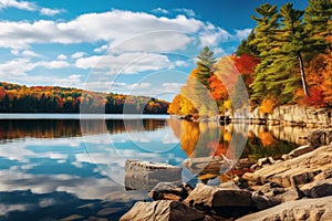 Scenic view of a lake surrounded by fall colors