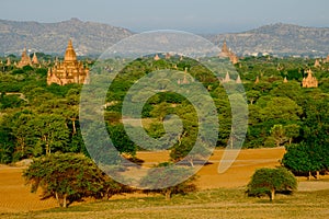 Scenic view of landscape, fields and temples in Bagan, Myanmar