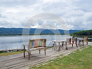 Scenic view landscape of lake and mountains in Northern Thailand. Space for text. Nature`s beautiful background