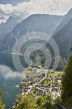 Scenic view of a landscape with mountains above Halstatt village in Austria.