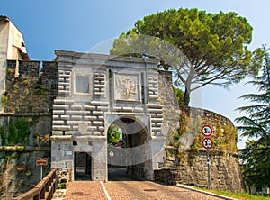 Scenic view of Leopoldina Gate of historic Castle in Gorizia, Italy