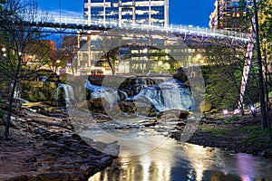 Scenic view of Liberty Bridge and Reedy Falls in Greenville, South Carolina