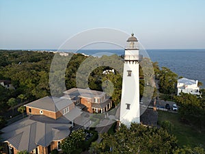 Scenic view of a lighthouse against the sea on St. Simons Island, Georgia, USA