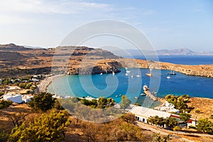 Scenic view of Lindos bay at the Rhodes island. Greece